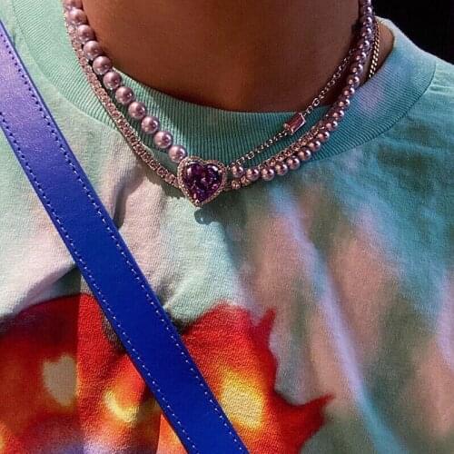 MONMOIRA INS Chic Pearl Double Necklace Girls Summer Heart Gem Diamond Punk Y2K Chain Chokers Female Streetwear cwn0013-5