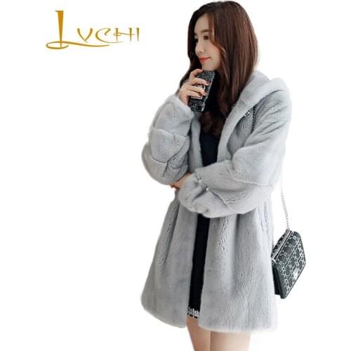 LVCHI Winter 2019 Long Sleeve Mink Coats Pocket Real Mink Fur Coat Natural Fur Causal Womens Turn-Down Collar Medium Mink Coat