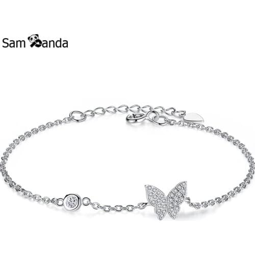 Fashion 100% 925 Sterling Silver Butterfly Bracelets & Bangles for Women Jewelry Rhinestone Two Layer Chain Link Bracelet Female