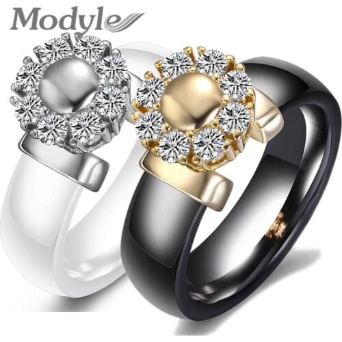 Black&White Ceramic Rings For Women Cubic Zircon Stainless Steel Engagement Wedding Rings Elegant Love Rings Ceramic Jewelry