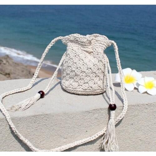 Women Summer Straw Bucket Bags Cotton Linen Handmade Woven Crossbody Bag Shoulder Beach Handbag With Tassel lightweight handbags