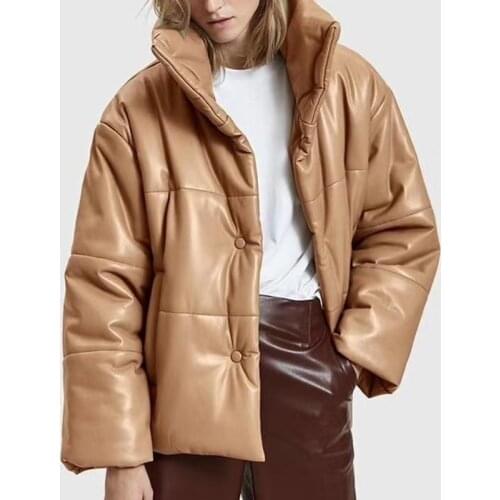 Women PU Leather Parkas Fashion High Street Solid Faxu Leather Coats Elegant Winter Thick Cotton Jackets Loose Outerwear