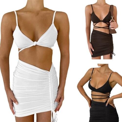 New Sexy Woman Dress Solid Color Sleeveless Backless Hole Out Strap Bodycon Mini Dresses Clubwear Party Vestidoes Clothes