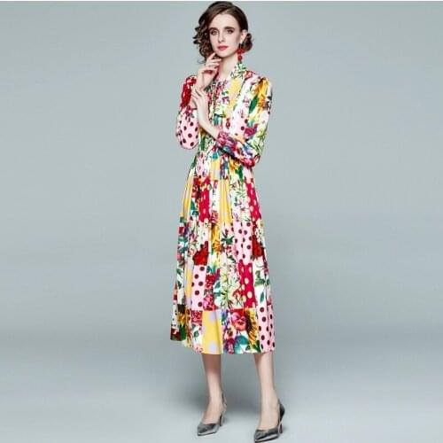 Women Vintage Dresses A-LINE Printing Office Lady Mid-Calf O-Neck Women Dresses Elegant Party Full Sleeve 2021 New Women Dresses