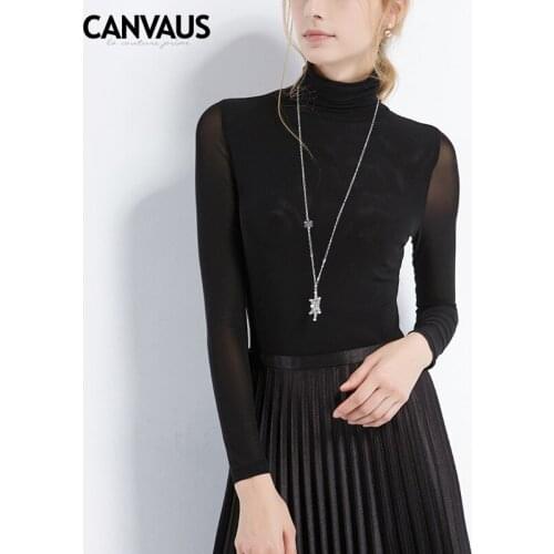 2018 early spring new solid color slim high-necked gauze perspective long sleeve shirt shirt women tops YM0178
