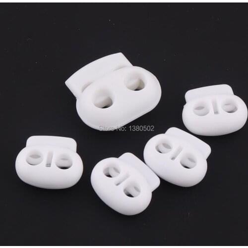 50pcs 5/6mm holes Plastic white Color Elastic Cord Locks Stopper Cord End Adjuster Double Holes For Bags Shoelaces Clothing