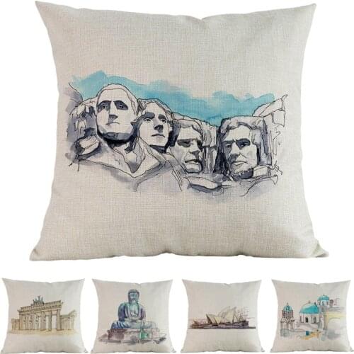 Watercolor Style World Famous Architecture Mount Rushmore Cologne Cathedral Berlin Cathedral PillowCase Decoration Cushion Cover