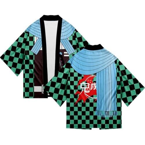 Anime Demon Slayer Kamado Tanjirou Cospaly Adult Kimono Cardigan Robe Casual Coat with Earrings