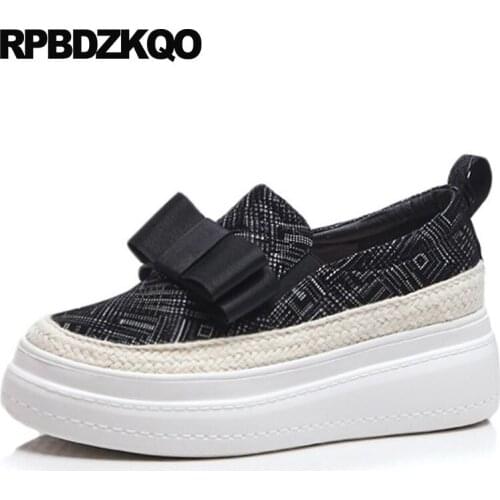 Bow women flats shoes with little cute bowtie elevator trainers plaid hemp rope blue black genuine leather high quality sneakers