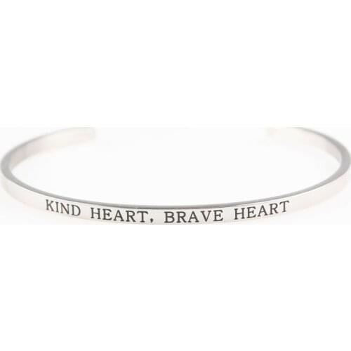 3.2MM Cuff Bracelet Mantra Bracelet Stainless Steel "KIND HEART BRAVE HEART" Inspirational Bangle Bracelet for Women
