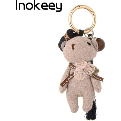 Inokeey Alloy Khaki Color Cloth Bear Key Ring Men Women Metal Rhinestone Animal Key Chain Boys Girls Bag Key Accessories