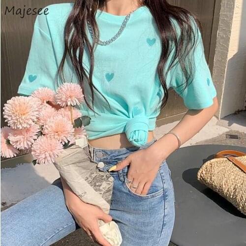 T-shirts Women O-neck Embroidery Sweet Korean Preppy Style Students Fashion Newest Loose Feminine Basic Outerwear Teens Clothing