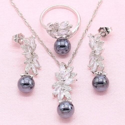 Exquisite 925 Silver Jewelry Sets For Women Black Blue Pink Pearl Earring Pendant Necklace Ring Wedding Jewelry Gift
