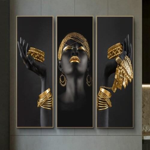 African Black Woman with Golden Jewelry on Hands Canvas Paintings on The Wall Art Posters and Prints Modern Home Decor Pictures