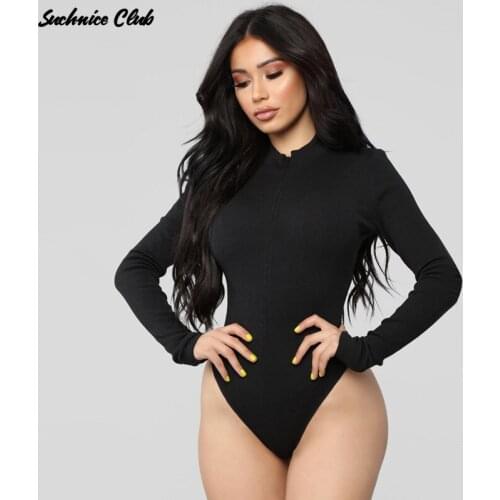 Ribbed Knitted Bodysuit Sexy Long Sleeve Zipper Top Suit Skinny Jumpsuit High Neck Bodycon Rompers One Piece Outfit Women