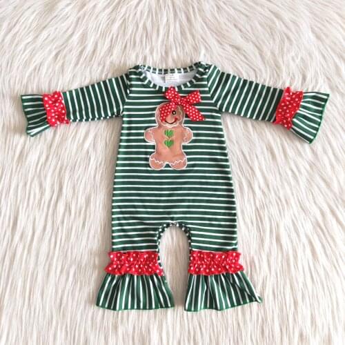 Hot Sell Toddler Girl Christmas Long Sleeve Jumpsuit Children Winter Stripes Romper Infants Gingerbread Embroidery Clothes