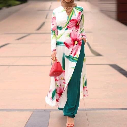 Abaya Middle East Dubai Fashion Robe Womens Simple Printed Long-sleeved Top And Wide-leg Pants Muslim Lacing Suit Women