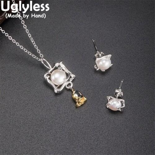 Uglyless Natural Pearls Jewelry Sets for Women Hollow Square Pearls Necklaces Studs Earrings 925 Silver Rose Flowers Pendants