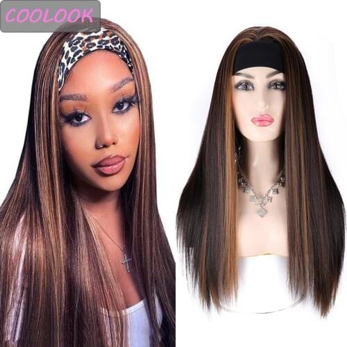 Natural Straight Headband Wigs Mixed Brown Straight Womens Wigs with Scarf Synthetic Afro Straight Hair Head Wrap Wig Cosplay