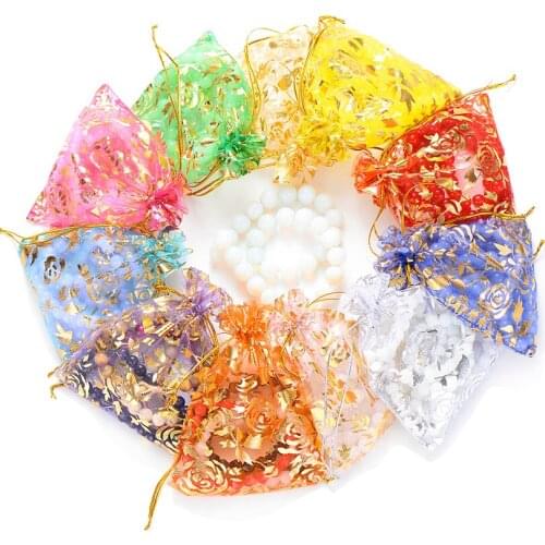 Wholesale 50 Pcs/Lot 11 Colors Rose Flower Drawstring Organza Bags For Wedding Party Candy Bags Jewelry Storage Bags