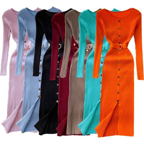 Autumn womens temperament o neck buckle slim waist hips sweater dress womens elastic knitted elegant midi dress female fashion