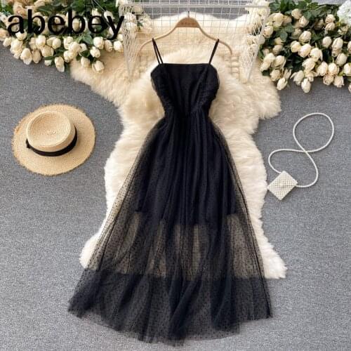 French Sweet Dot Mesh Strap Dress Women Sexy Sleeveless A-line Dress 2021 Summer Off Shoulder Vacation Beach Sundress
