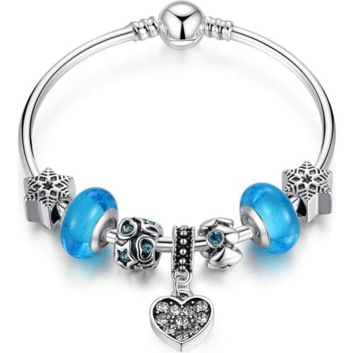Authentic Silver Plated Blue Murano Glass Beads Star Beads Heart Pendant Charm Bracelets & Bangles Fashion Jewelry Length 19cm