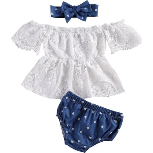 Citgeett Summer 3Pcs Newborn Casual Outfits Baby Short Sleeve Hollow Out Off Shoulder Lace Tops + Love Print Shorts + Bowknot