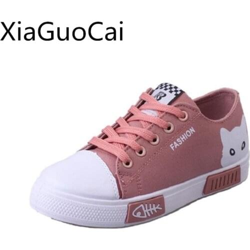 Cute Animal Women Casual Shoes Spring Flat Canvas Shoes for Female Lace-up Light Cat Print Flats Ladies Leisure Footwear