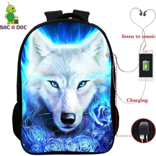 Girl School Bags Child Wolf Nylon Printing 3d Backpack Waterproof Student Girls Boys Childrens Schoolbag Usb Charging Backpacks