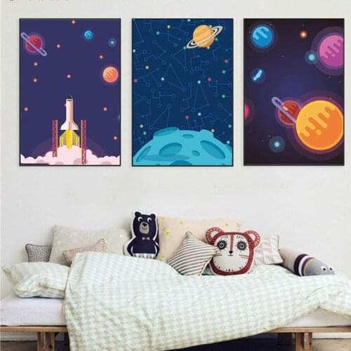 Nordic Spray Color Cartoon Abstract The Universe Dscape Rocket Planet Canvas Painting Wall Picture Poster Living Room Decoration