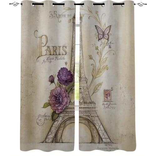 Vintage Paris Tower Butterfly Window Curtains For Living Room Bedroom Home Decoration Panels For Kitchen Kids Curtains