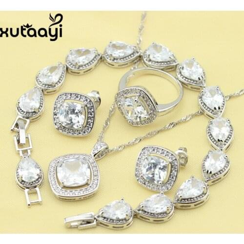 XUTAATI 4PCS White Cubic Zirconia Silver Color Jewelry Sets For Women Necklace Pendant Earrings Ring Bracelet Free Gift Box