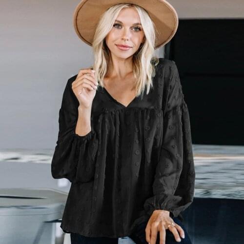 Chiffon Jacquard T-shirts Spring Autumn Women V-Neck Lantern Sleeve Tops 2021 New Solid Colors Embroidery Casual Commute Tees