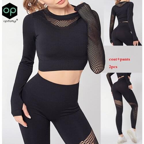 Womens Sportswear Yoga Set Gym Clothing Hollow Tracksuit Long Sleeve Crop Top High Waist Seamless Leggings Fitness Sports Suit