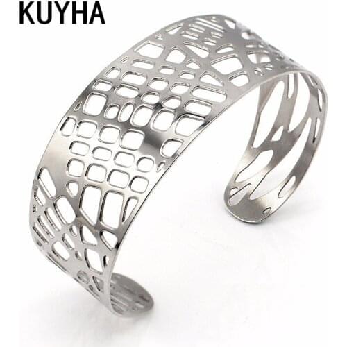 Hollow Cuff Bangle 316L Stainless Steel 25MM Thick Open Bracelet Femme Pulseiras For Women Men Accessory DIY Jewelry