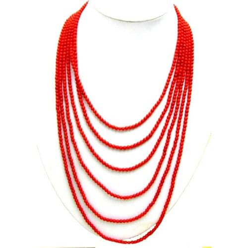 Qingmos 3-4mm Natural Red Coral Necklace for Women with Oval Red Beauty Clasp 6 Strands Necklace 18" Chokers Jewelry 5211