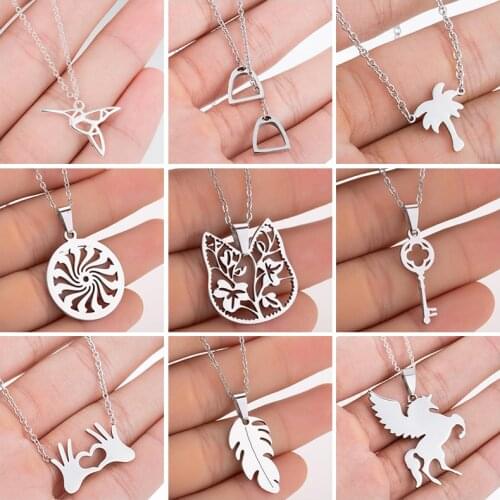 Sasusp Stainless Steel Heart Feather Choker Necklace Women Bird Cat Tree Lucky Key Pendants Necklaces Chains