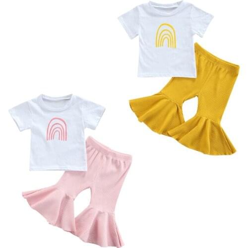 2021-05-04 Lioraitiin 2Pcs Set 0-4Y Baby Girls Fashion Short Sleeve Rainbow Print Casual T-Shirt Tops+Flare Pants Outfit