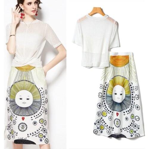 3 Pcs s Summer Womens Clothing Set Thin Tees Tops and Vintage Retro Print Young Ladies Long Skirt Suits Set NS968