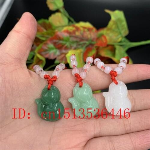 Green Jade Carved Fox Pendant Necklace Beads Rope Chain Fashion Woman Lucky Gifts Amulet Jewelry