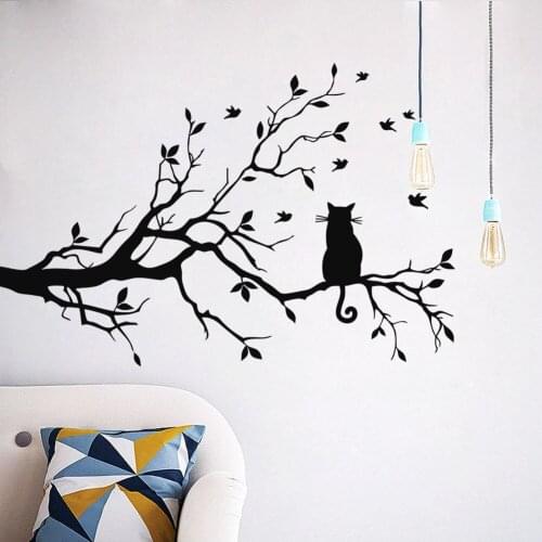 Black Cat On Tree Branch Birds Wall Sticker Vinyl Wall Decal Mural Glass Window Stickers Home Decoration Wall Art poster