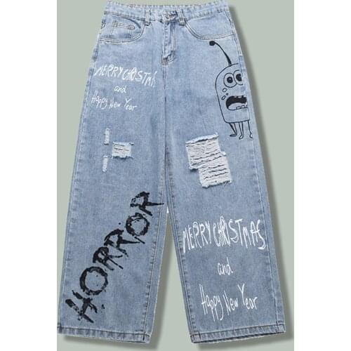 Hip Hop Alphabet Graffiti Retro Jeans Men Hip Hop Harajuku Streetwear Cartoon Print Wide-leg Pants Water Wash Joggers Trousers
