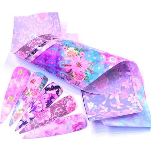 YWK Holographic Florar Stickers Nail Art Butterfly Nail Foil Transfer Starry Sky Decal Paper Adhesive Slider Nail Decoration