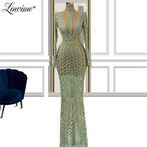 Lowime Mint Green Beading Evening Dresses Formal Dubai Arabic Party Gowns For Wedding 2021 Plus Size Mermaid Prom Dress Robes
