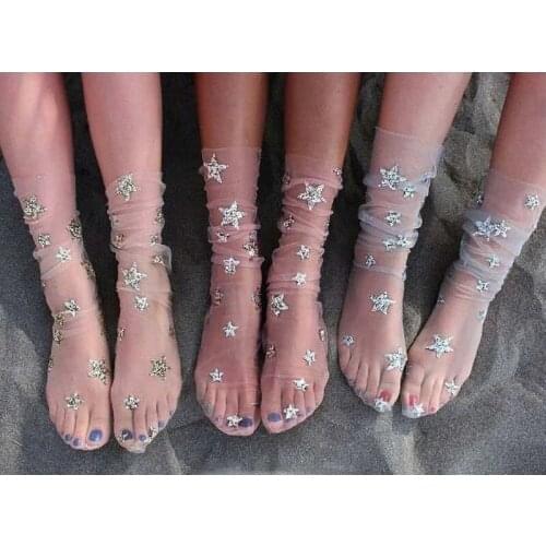 Fashion Harajuku Multi Glitter Mesh Tulle Womens Socks Transparent Ultra Thin Printing Color Fishnet Star Hosiery Celebrity