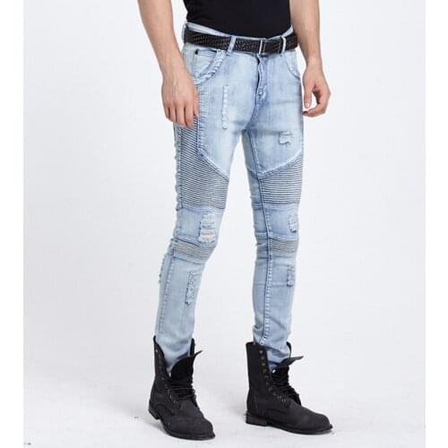 Mens elastic ripped biker jeans skinny light blue kanye west designer brand hip hop streetwear swag Motorcycle pants Joggers
