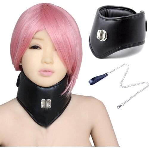 Soft Sponge Padded Leather Neck Collar Chastity Belt Sex Toys For Women BDSM Neck Harness Restraint Posture Neck Ring With Chain