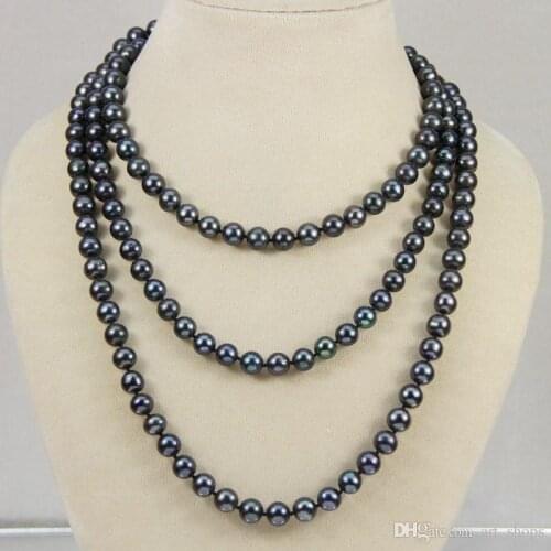 New 7-8mm Black real akoya Cultured Pearl Necklace 50"