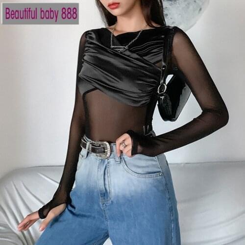 Meqeiss New Autumn Popular Mesh Fake two-piece Bodysuits For Women Black See Through Long Sleeve Bodysuit Club party Wear Female